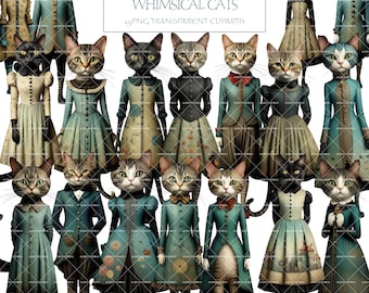 Whimsical Cat Paper Doll Clipart: 29 pc Printable Set (Commercial Use)