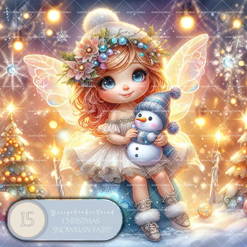 May include: A Christmas fairy with blonde hair and blue eyes is holding a snowman. She is wearing a white dress with a blue and white snowflake pattern. The fairy has wings and a flower crown. The background is a winter scene with snowflakes and lights.