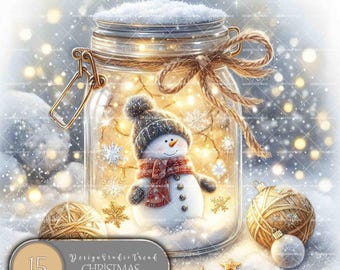 Christmas Snowman Jar Clipart – Magical Star Lights, Nursery Art (PNG, Commercial Use)