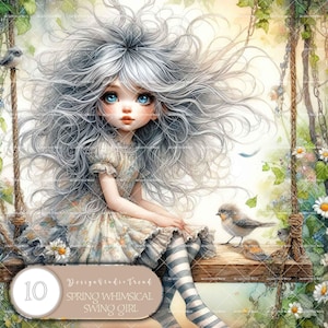 Spring grillige swing meisje clipart – 10 bloemen mus PNG eigenzinnige ontwerpen voor sublimatie en doe-het-zelf-ambachten – digitale download – niet-transparant