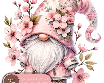 Cherry Blossom Gnome Clipart: Whimsical Garden Art (Commercial Use)
