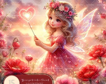 Valentinstag Fee Clipart Set: Herz Zauberstab, Kinderzimmer Dekoration (15 PNG Designs) (Kommerzielle Nutzung)