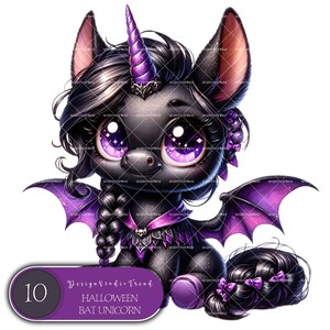 Unicorni pipistrello incantati: stravagante clipart di unicorno per bambini di Halloween - 10 magiche immagini PNG digitali spettrali per uso commerciale