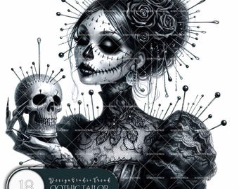 Gothic Seamstress Doll Clipart: 18 Creepy Halloween PNG Designs (Commercial Use)