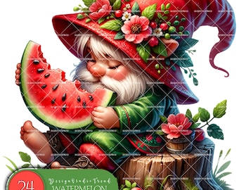 Watermelon Gnome Clipart: 24-Piece Magical Garden PNG Bundle (Digital Download)