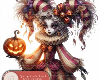 Halloween Pumpkin Jester Clipart Set: 10 Fall Season Decor Designs (Digital Download)