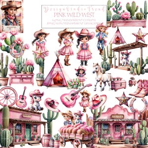 Collection de cliparts cow-girl - 65 pièces images PNG de cow-girl rose, idéales pour l'artisanat sur le thème occidental - Transparent de haute qualité - usage commercial