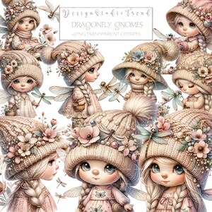Puede incluir: Conjunto de clipart digital de ocho gnomos caprichosos con alas de lib&eacute;lula, que llevan gorros de punto y vestidos con detalles florales. Los gnomos est&aacute;n rodeados de delicadas flores y lib&eacute;lulas.