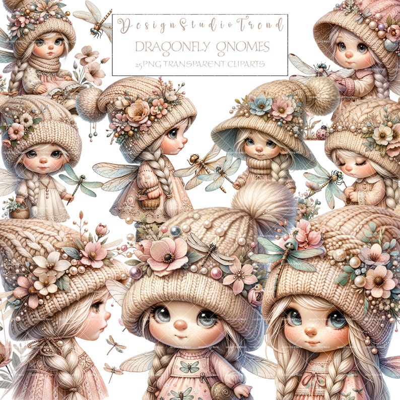 Puede incluir: Conjunto de clipart digital de ocho gnomos caprichosos con alas de lib&eacute;lula, que llevan gorros de punto y vestidos con detalles florales. Los gnomos est&aacute;n rodeados de delicadas flores y lib&eacute;lulas.