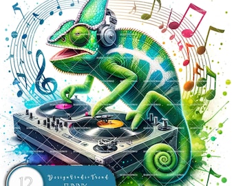 May include: A green chameleon wearing headphones is a DJ, mixing music on a turntable. The background is a colorful watercolor design with musical notes.