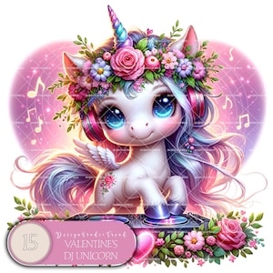 Valentinstag DJ Einhorn Clipart-Set - 15 bezaubernde Baby Einhörner Musik Grafiken Sublimation, Handwerk und Party Dekor - Nicht transparent