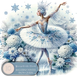 Whimsical Ballerina Snow Queen ClipArt Set – 10 magici PNG acquerellabili per artigianato – Alta qualità – Non trasparente – Uso commerciale