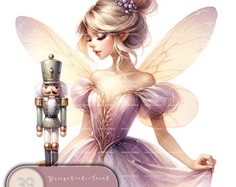 May include: A fairy with delicate wings and a pink dress holds a traditional nutcracker doll. The fairy has blonde hair and a crown of pearls. The image is titled "Nutcracker & Ballerina" with the number 39.