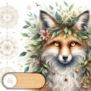 Pacote de clipart de raposa de runas de floresta de fantasia encantadora - 16 raposas mágicas adoráveis - Arte digital caprichosa - Uso comercial - Não transparente