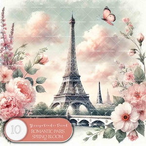 Colección de imágenes prediseñadas de flores primaverales románticas de París: viaje mágico de 10 diseños de flores primaverales para creaciones por sublimación: uso comercial
