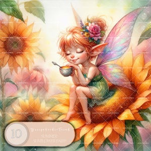 Zomer zonnebloem schattige kleine fee clipart-10 PNG unieke bloemmotieven-babyshower kinderkamer muur kunst-niet transparant-commercieel gebruik