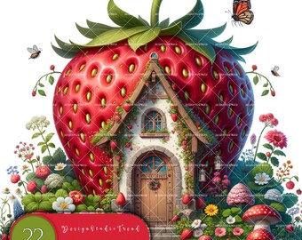 May include: A whimsical fairy house built into a large red strawberry. The house has a brown door, a white exterior, and a green roof. The strawberry is surrounded by green leaves, flowers, and mushrooms.
