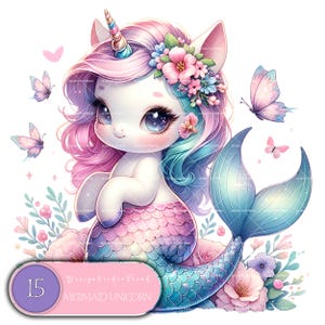 Enchanted Mermaid Unicorn Clipart - 15 Magical Fantasy Designs for Sublimation and Spring Creations - Commercial Use