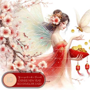 Ensemble enchanteur de cliparts de fées et d'enveloppes rouges du Nouvel an chinois – 10 modèles de décoration de chambre de bébé et de baby shower – Non transparent – Usage commercial
