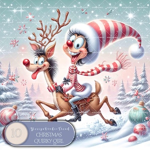 Clipart Noël fille excentrique au pays des merveilles - 10PNG Christmas Quirly Girls - Art numérique pour chambre d'enfant - usage Commercial - Non transparent