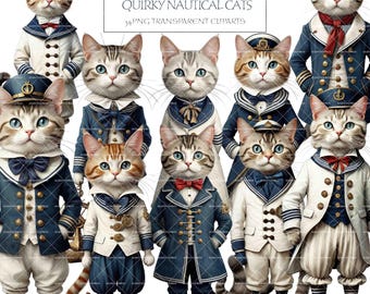 Nautical Cat Clipart: 34 Transparent Paper Doll PNGs (Commercial Use)