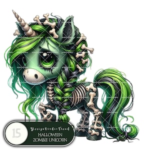 Verzaubertes Zombie-Einhorn-Halloween-Clipart - 15-teiliges, wunderliches & gruseliges Einhorn-Digital-Kunst-Bundle - Perfekt für Halloween-Designs