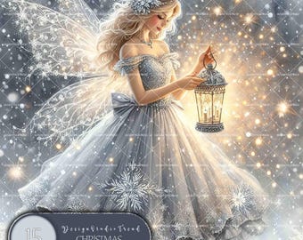 Weihnachtsfee Clipart Set: Silberne Laterne und Schneeflocken (Digitaler Download)