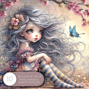 Spring Whimsical Cherry Blossom Girl Clipart – 10 Desenhos PNG Florais para Sublimação e Artesanato DIY – Download Digital - Não Transparente