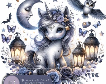 Whimsical Unicorn Halloween Clipart Set: Magical PNG Illustrations