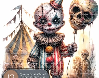 Gruseliger Clown Zirkus Puppe Clipart: Halloween PNG Designs (Kommerzielle Nutzung