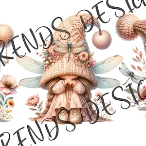 Puede incluir: Cinco ilustraciones de hadas lindas y caprichosas con gorros de punto y coronas de flores. Cada hada tiene alas de lib&eacute;lula y lleva un vestido rosa. Las hadas est&aacute;n sobre un fondo blanco.