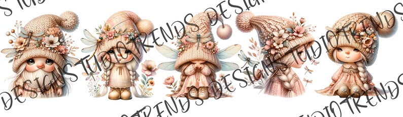 Puede incluir: Cinco ilustraciones de hadas lindas y caprichosas con gorros de punto y coronas de flores. Cada hada tiene alas de lib&eacute;lula y lleva un vestido rosa. Las hadas est&aacute;n sobre un fondo blanco.