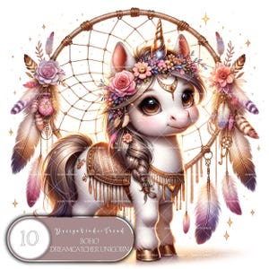 Pacote de clipart de unicórnio apanhador de sonhos estilo boho - 10 adoráveis bebês unicórnios - Arte digital caprichosa - Uso comercial - Não transparente