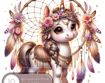 Boho Unicorn Dreamcatcher Clipart: 10 PNG Illustrations (Commercial Use)