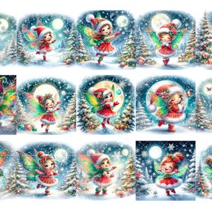 May include: Ten digital illustrations of fairies with wings, wearing red and white dresses, and holding a small object. The fairies are set against a winter background with snow, trees, and a full moon.