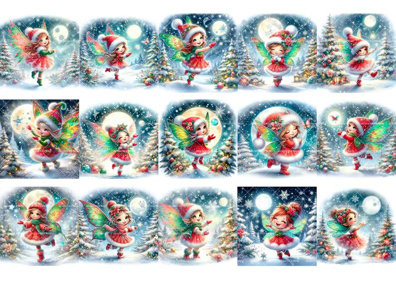 May include: Ten digital illustrations of fairies with wings, wearing red and white dresses, and holding a small object. The fairies are set against a winter background with snow, trees, and a full moon.