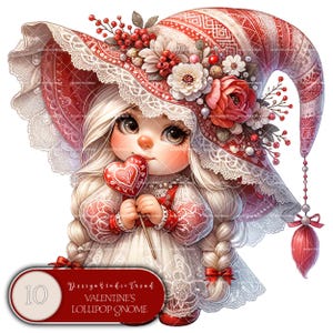 Gnome fille sucette de la Saint-Valentin - ensemble de 10 cliparts gnome femme enchanteur - décoration magique pour chambre d'enfant, amis à l'heure du coucher, design par sublimation