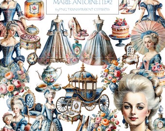 Watercolor Marie Antoinette Clipart: 17th Century Retro Collection (69 PNGs)