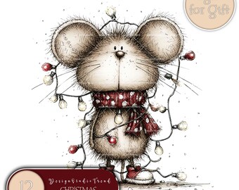 Whimsical Mouse Christmas Clipart Set – 12 Winter PNG Illustrations (Digital Download)