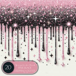 May include: Pink and black glitter dripping down a white background. The glitter is in a dripping pattern, and there are small stars scattered throughout the image. The text "Design Studio Trend Pink Black Dripping Glitter" is at the bottom of the image.