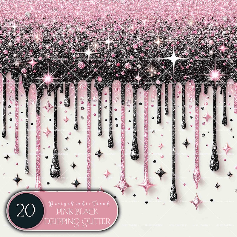 May include: Pink and black glitter dripping down a white background. The glitter is in a dripping pattern, and there are small stars scattered throughout the image. The text "Design Studio Trend Pink Black Dripping Glitter" is at the bottom of the image.