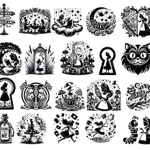 Pu&ograve; includere: Illustrazioni in bianco e nero di personaggi e oggetti di Alice nel Paese delle Meraviglie. Le illustrazioni includono Alice, il Gatto del Cheshire, il Cappellaio Matto, la Regina di Cuori, un buco della serratura, una tazza da t&egrave;, una bottiglia che dice "Drink Me", un bruco e un orologio.