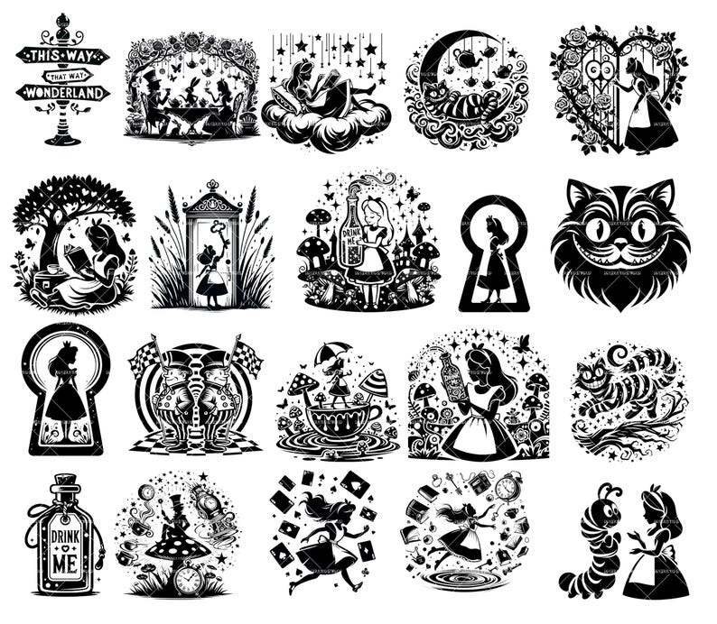 Pu&ograve; includere: Illustrazioni in bianco e nero di personaggi e oggetti di Alice nel Paese delle Meraviglie. Le illustrazioni includono Alice, il Gatto del Cheshire, il Cappellaio Matto, la Regina di Cuori, un buco della serratura, una tazza da t&egrave;, una bottiglia che dice "Drink Me", un bruco e un orologio.