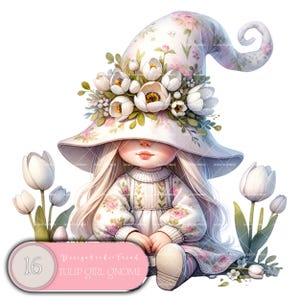 Könnte beinhalten: Ein weißer Zwerg mit einem Blumenhut und einem rosa Blumenkleid. Der Zwerg sitzt in einem Feld mit weißen Tulpen.