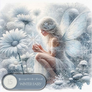 Conjunto de clipart de fadas encantadas do país das maravilhas do inverno, chá de bebê e decoração de berçário - 15 designs de flocos de neve mágicos - Não transparente - Uso comercial