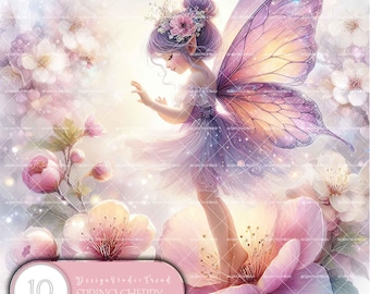Cherry Blossom Fairy Clipart Set: Whimsical Spring PNG Designs (Commercial Use)