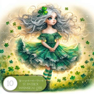 Puede incluir: Una ilustración caprichosa de una niña con el pelo largo y blanco que lleva un vestido verde con ribete de encaje blanco. Está rodeada de tréboles y el texto "Design Studio Trend St. Patrick Whimsical Girl" está en la parte inferior de la imagen.