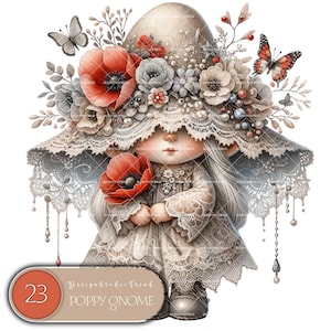 Enchanted Poppy Girl Gnome - Pacote de clipart de gnomo feminino caprichoso de 23 peças - Decoração mágica de berçário, admiradores de gnomos, design de sublimação