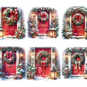 May include: Twelve digital illustrations of red doors decorated with Christmas wreaths, garlands, and bows. Each door has a lantern and snow on the ground.