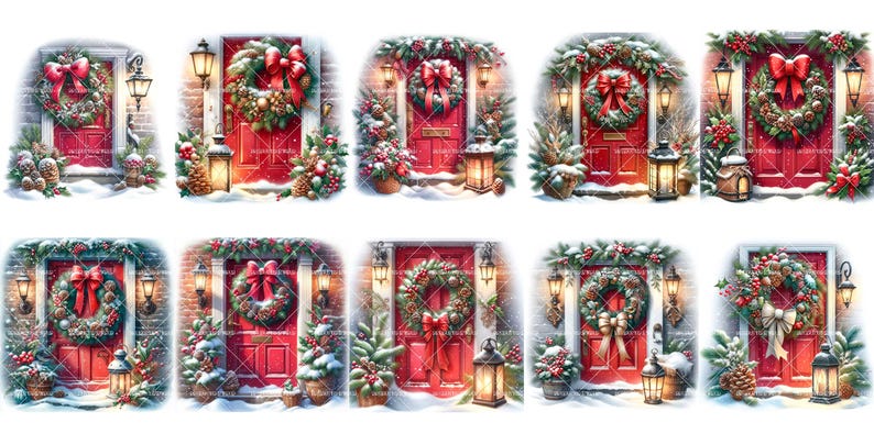 May include: Twelve digital illustrations of red doors decorated with Christmas wreaths, garlands, and bows. Each door has a lantern and snow on the ground.